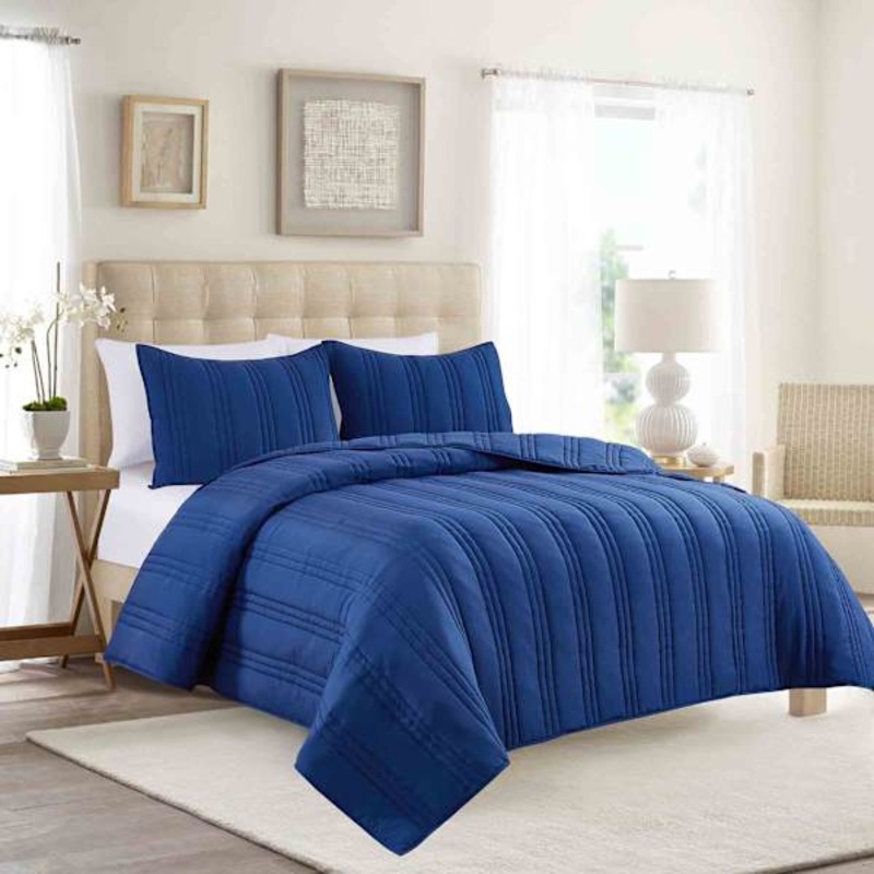 3-Piece Blue Stripe Washed Microfiber Quilt Set, Full/Queen
