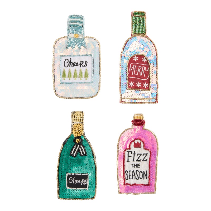 Holiday Cocktail Bottle Shaped Beaded Coasters Set of 4