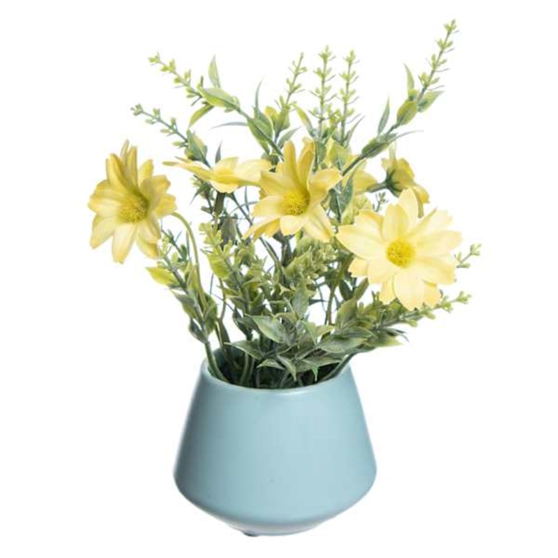 Yellow Daisy in Blue Ceramic Pot, 9″