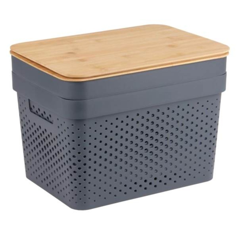 2-Pack Grey Storage Container with Bamboo Wood Lid, Large