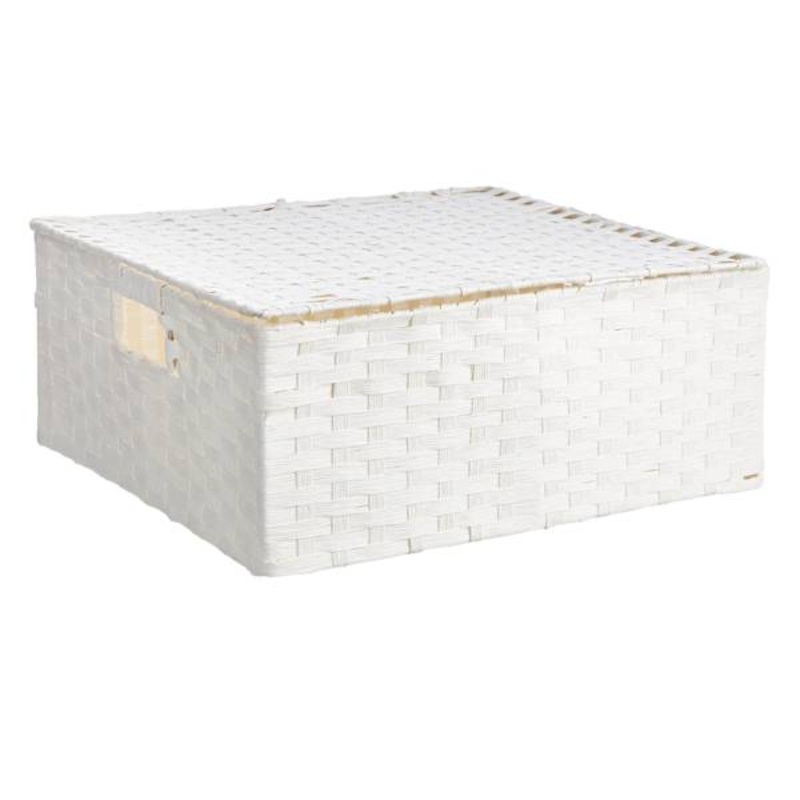 White Paper Rope Rectangle Storage Basket with Lid, Large