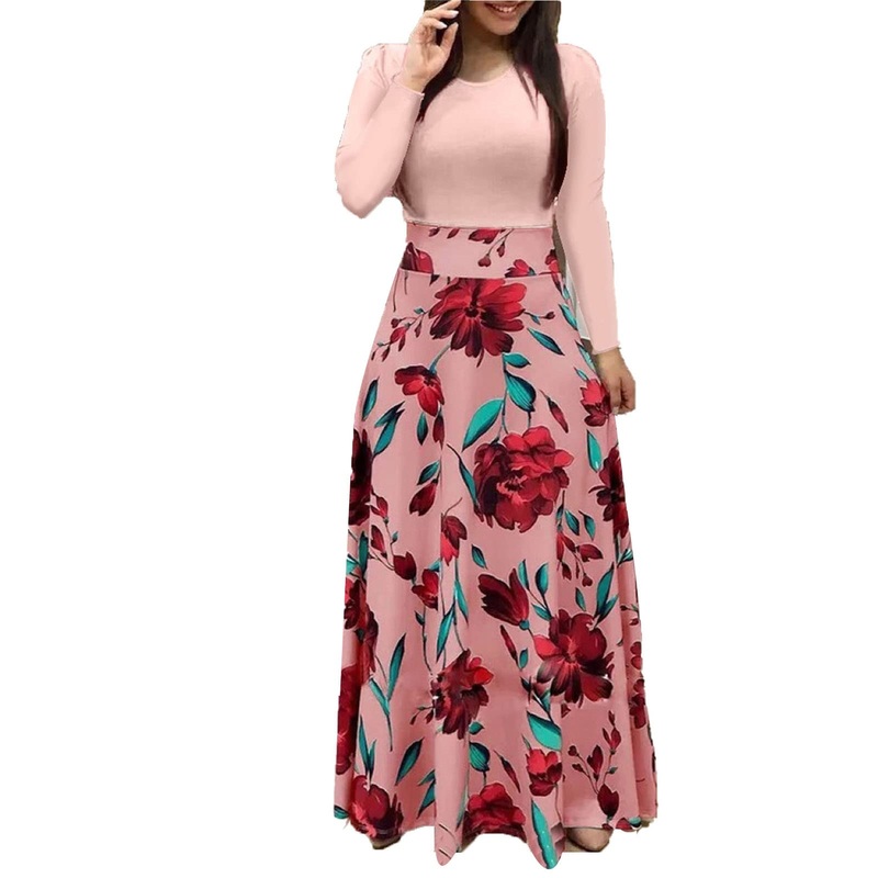 Women’s Elegant Round Collar Dress Maxi Dress Swing Party Dress Cocktail Dress, Floral Print, Long Sleeve, Tunic Dress, Long Dress S Pink 1