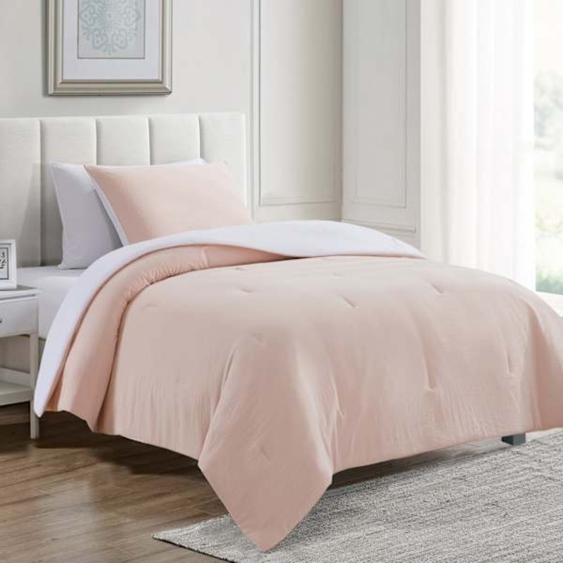 Pink & White Reversible Microfiber Comforter & Sheet Set, Twin/Twin XL