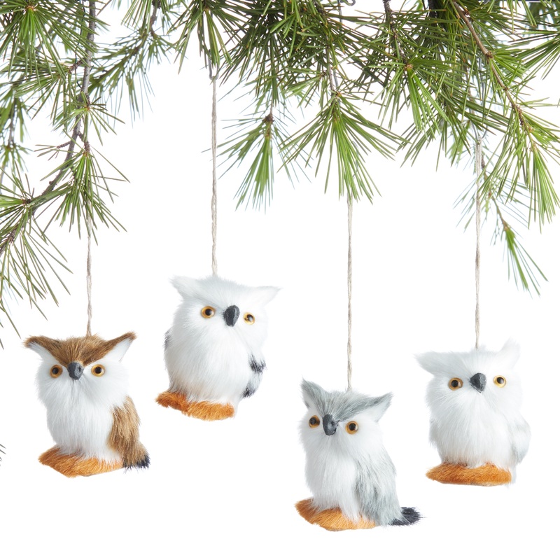 White Faux Fur Owl Ornaments Set Of 4