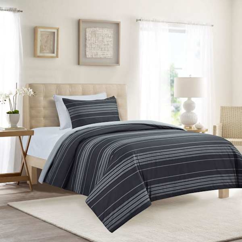 3-Piece Black Collegiate Stripe Printed Duvet Set with Insert, Twin/Twin XL
