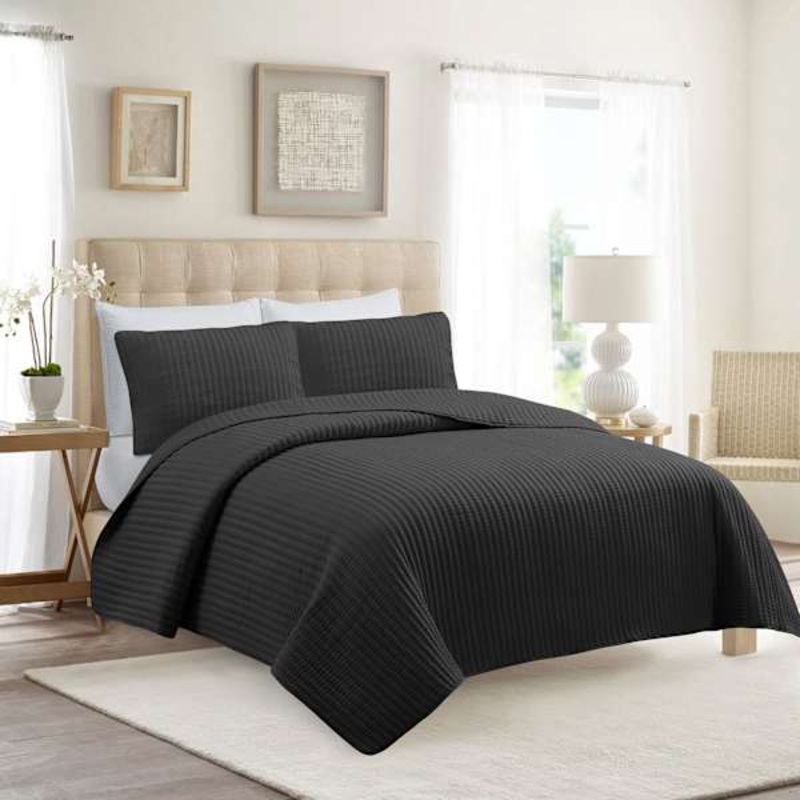 3-Piece Dark Grey Washed Microfiber Quilt Set, King