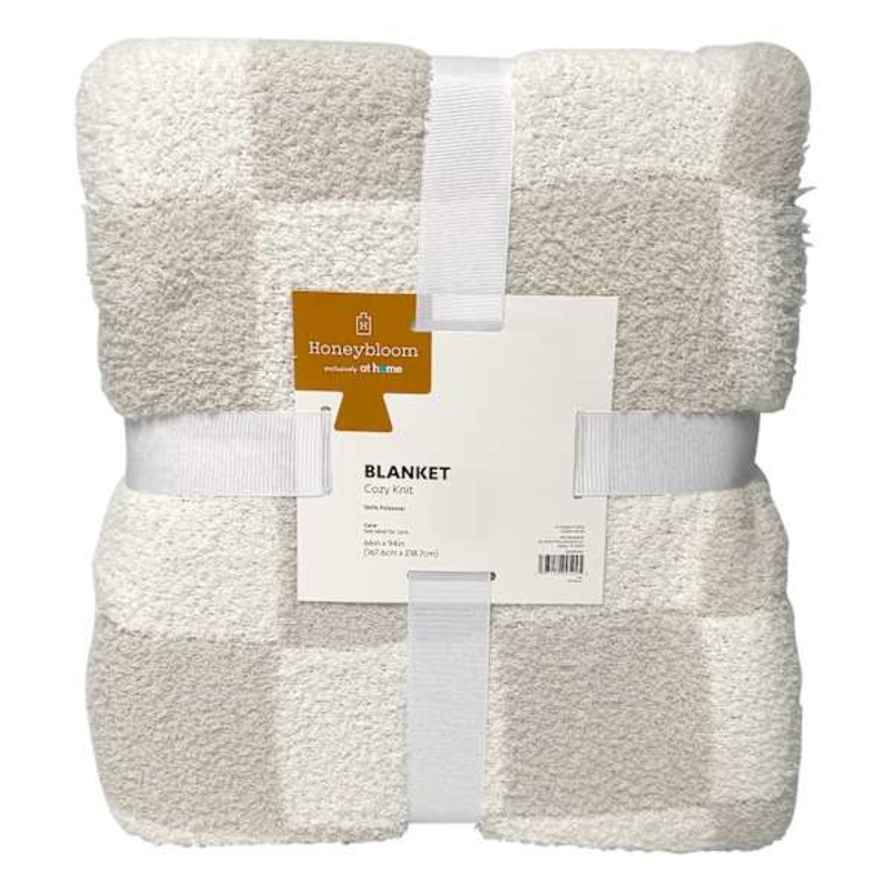 Light Grey Checkered Cozy Knit Bed Blanket, Twin/Twin XL