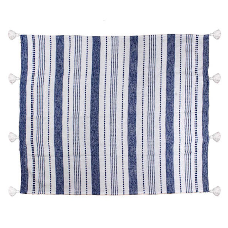 Navy Blue Woven Striped Tassel Throw Blanket, 50×60