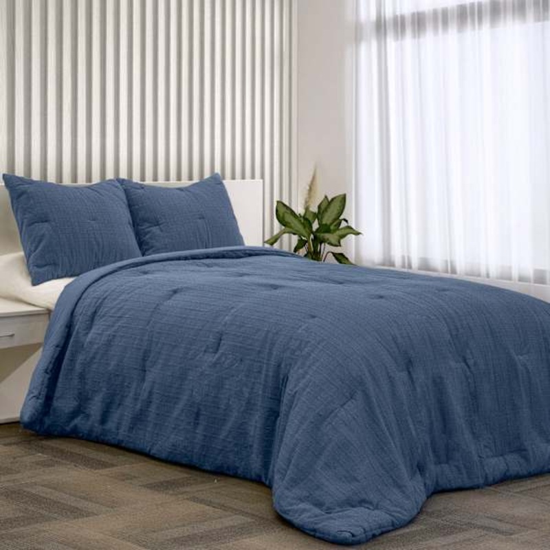 3-Piece Blue Waffle Comforter Set, Queen