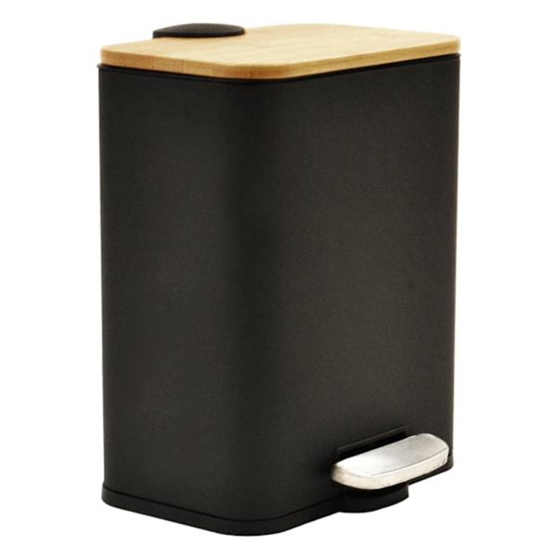 Tao Matte Black & Bamboo Rectangle Trash Can with Removable Liner, 5l