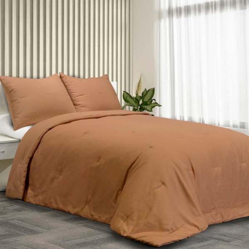 3-Piece Brown Cotton Textured Comforter Set, Full/Queen