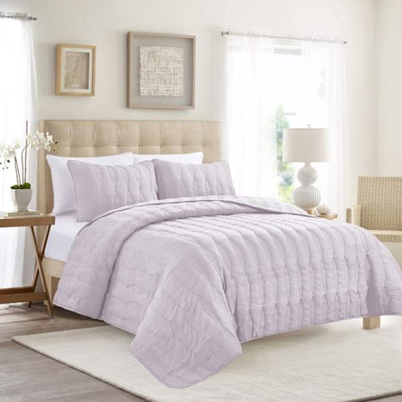 3-Piece Purple Embroidered Washed Microfiber Quilt Set, Full/Queen