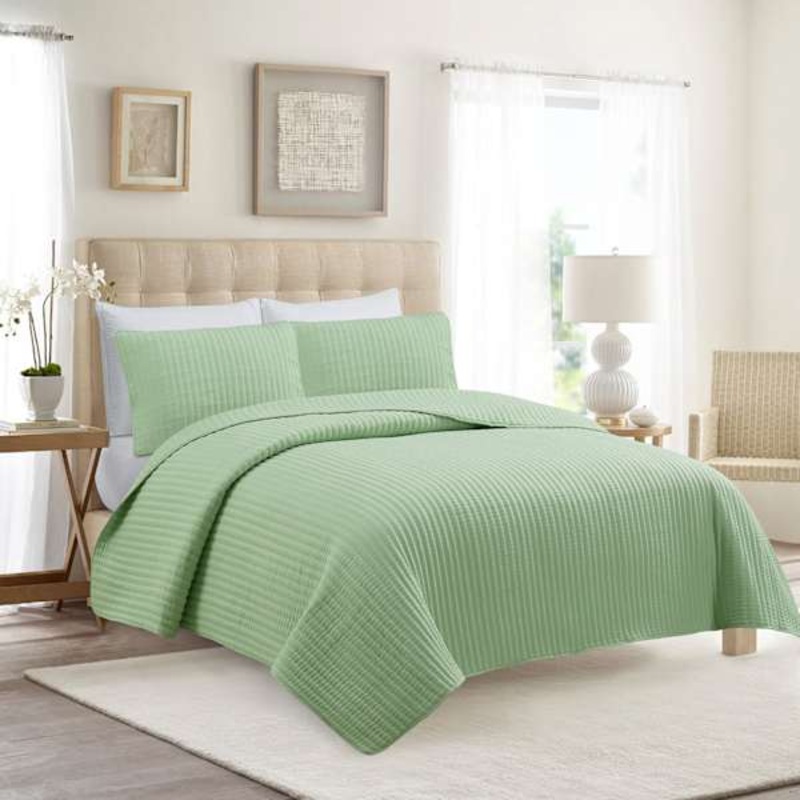 3-Piece Green Washed Microfiber Quilt Set, Full/Queen