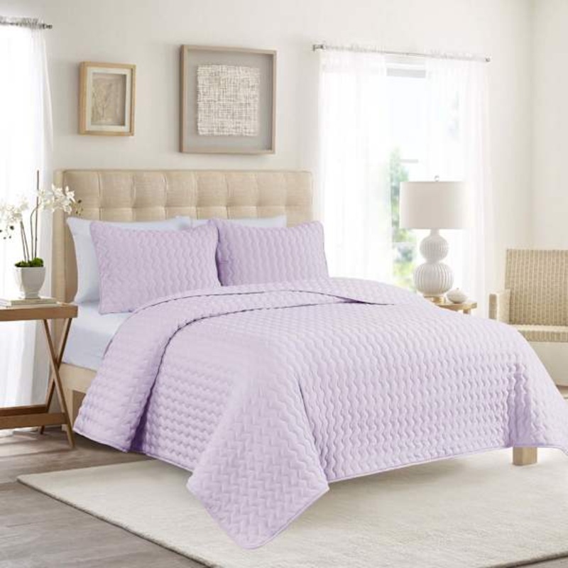 3-Piece Purple Washed Wavy Microfiber Quilt Set, Full/Queen
