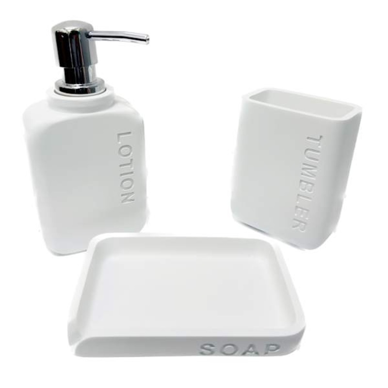 3-Piece White Bath Accessories Set with Engraved Text