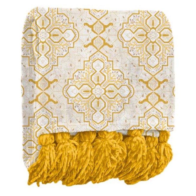 Yellow Medallion Patterned Throw Blanket with Tassels, 50×60