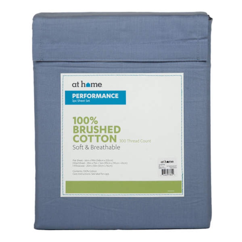 4-Piece Blue 300 Thread Count 100% Brushed Cotton Percale Sheet Set, Twin