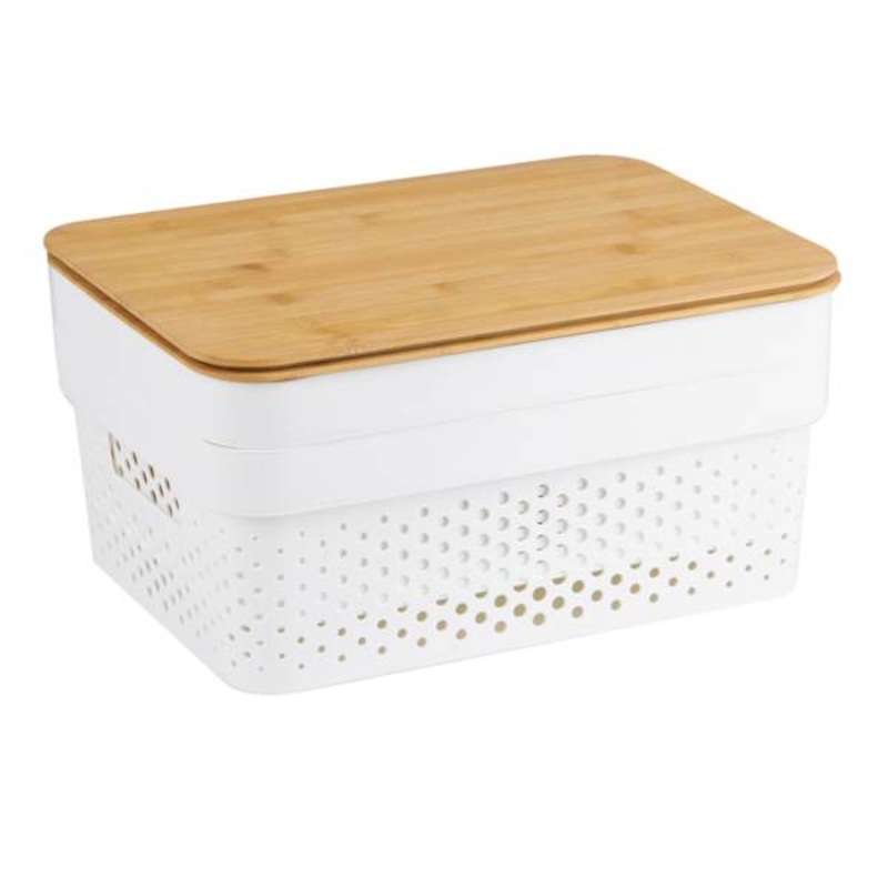 2-Pack White Storage Bin with Bamboo Lid, Medium