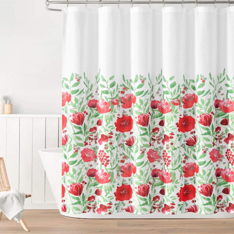 13-Piece Red Floral Watercolor Pop Shower Curtain Set, 72″