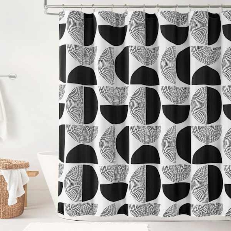 13-Piece Black & Grey Minimalist Circle Print Shower Curtain Set, 72″
