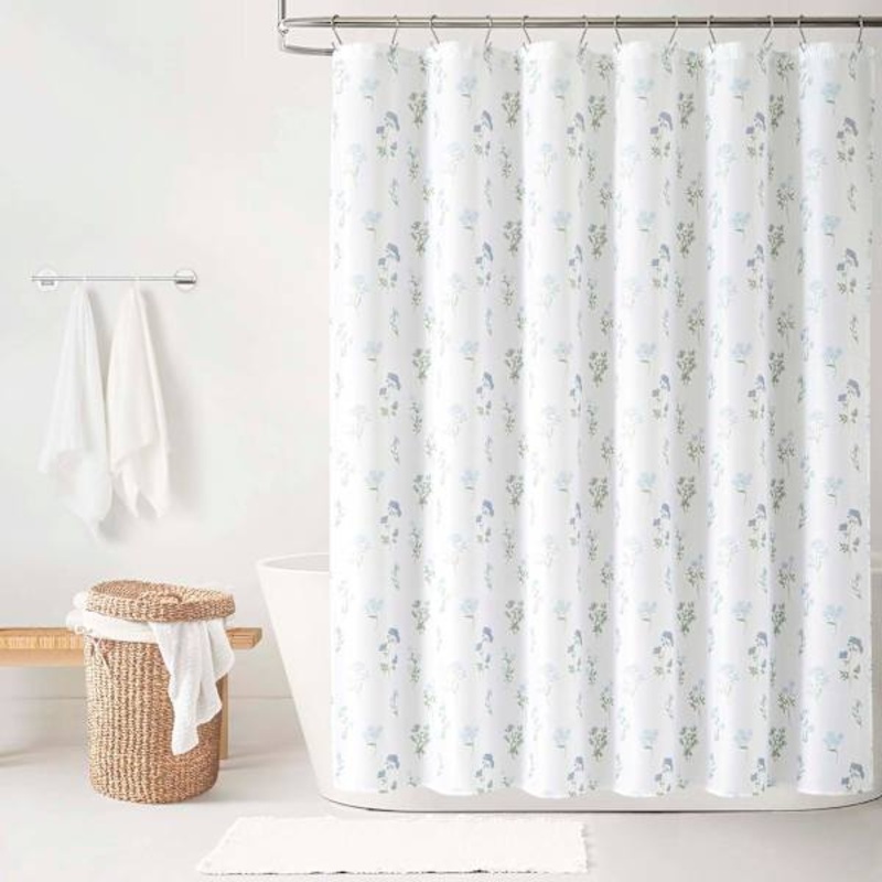 13-Piece Blue & Green Prairie Floral Shower Curtain Set, 72″