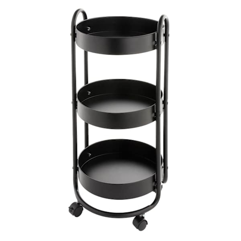 3-Tier Round Metal Rolling Cart, Black