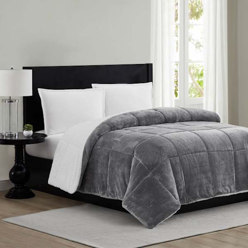Solid Grey Sherpa Comforter, King