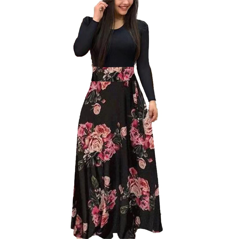 Women’s Elegant Round Collar Dress Maxi Dress Swing Party Dress Cocktail Dress, Floral Print, Long Sleeve, Tunic Dress, Long Dress XL Pink 2