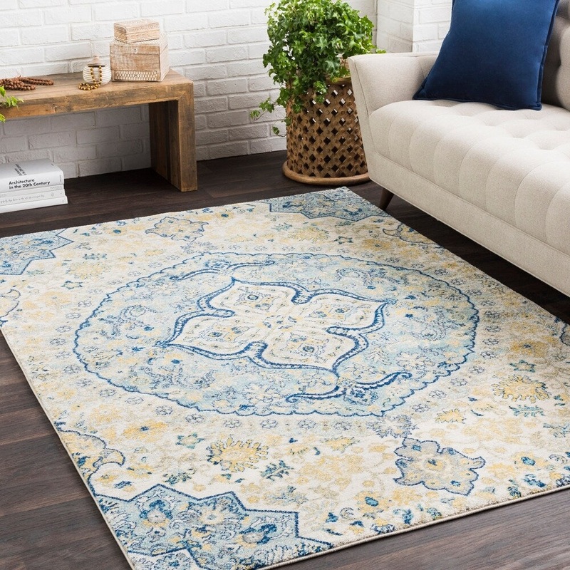Vintage Persian Medalion Oriental Blue Cream Area Rug – 7’10” x 10’3″