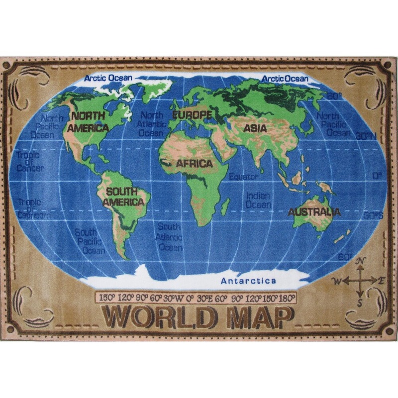 World Map Blue Nylon Area Rug – 5’3″ x 7’6″
