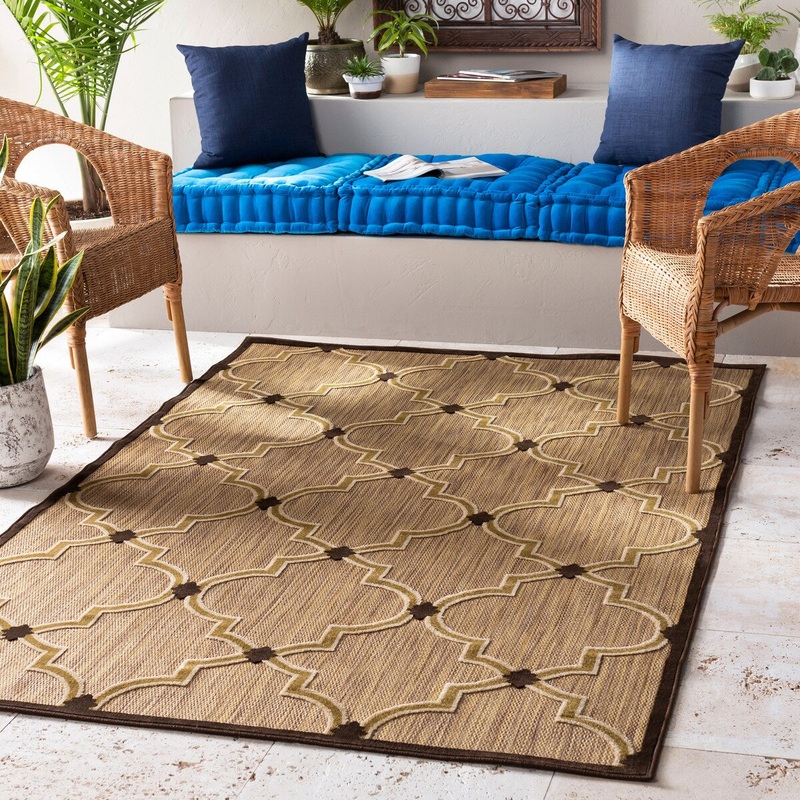 Woven Tan Cladagh Indoor/Outdoor Moroccan Geometric Lattice Area Rug – 7’6″ Square