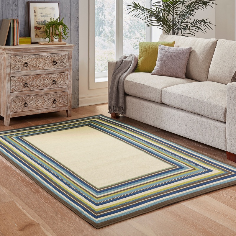 Vista Home Catalina Multi-Border Indoor-Outdoor Ivory/Blue Rug–