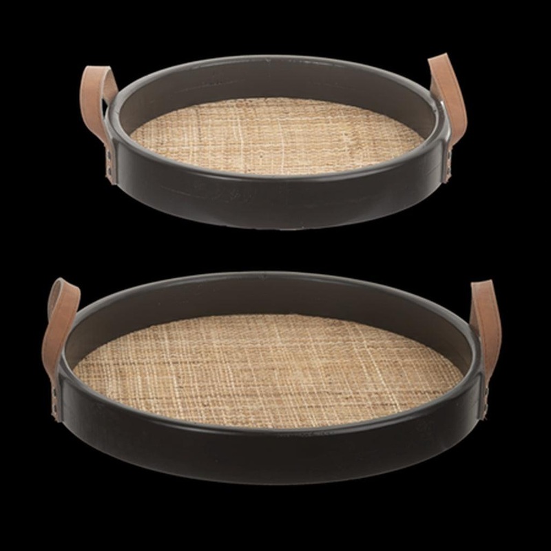 Tray Round Woven Inlay W/Leather Handles Black 16 x 16″